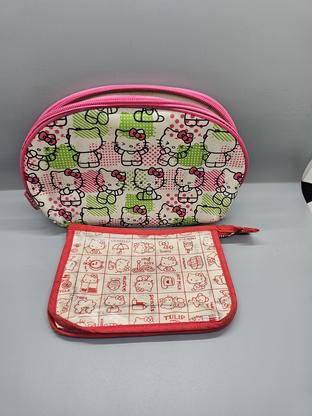 Hello Kitty Pink and Green Patterned Cosmetic Pouch Set